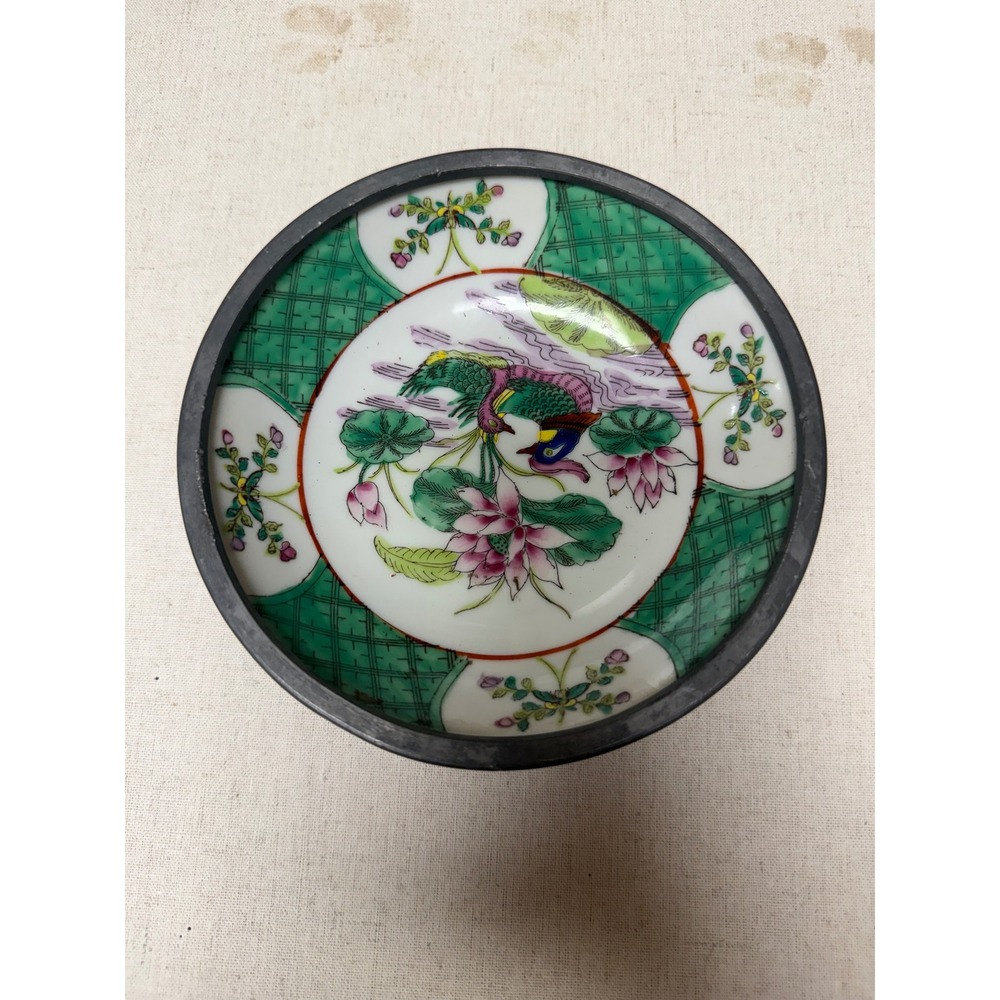 Vintage Chinese Famille Rose‎ Porcelain Pewter Encased Bowl Bird Lotus 6 Inch